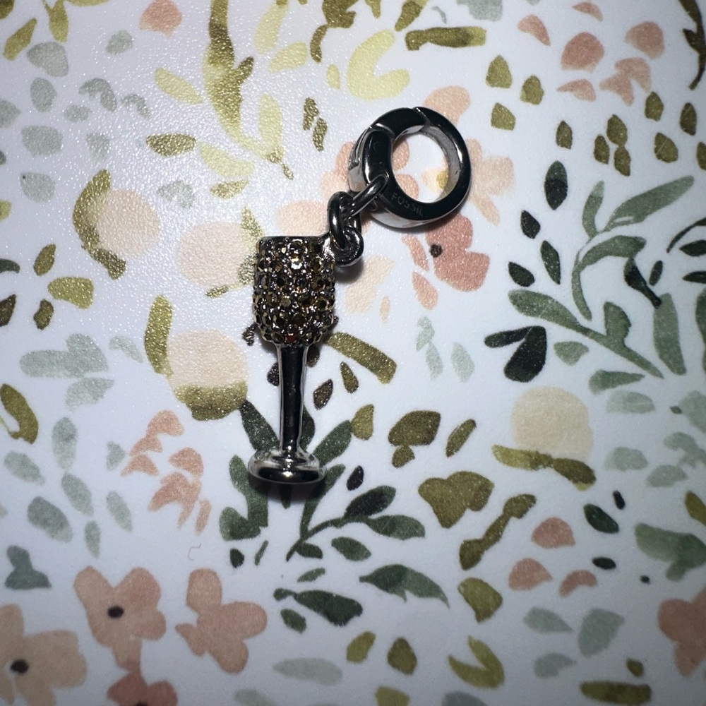 Fossil Silver and Gold Wine Glass Champagne Flute Charm for bracelet rhinestone